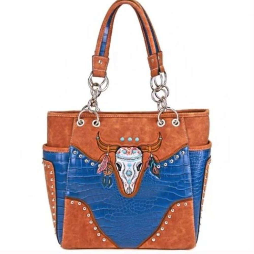 Blue Western Longhorn Embroidered Purse